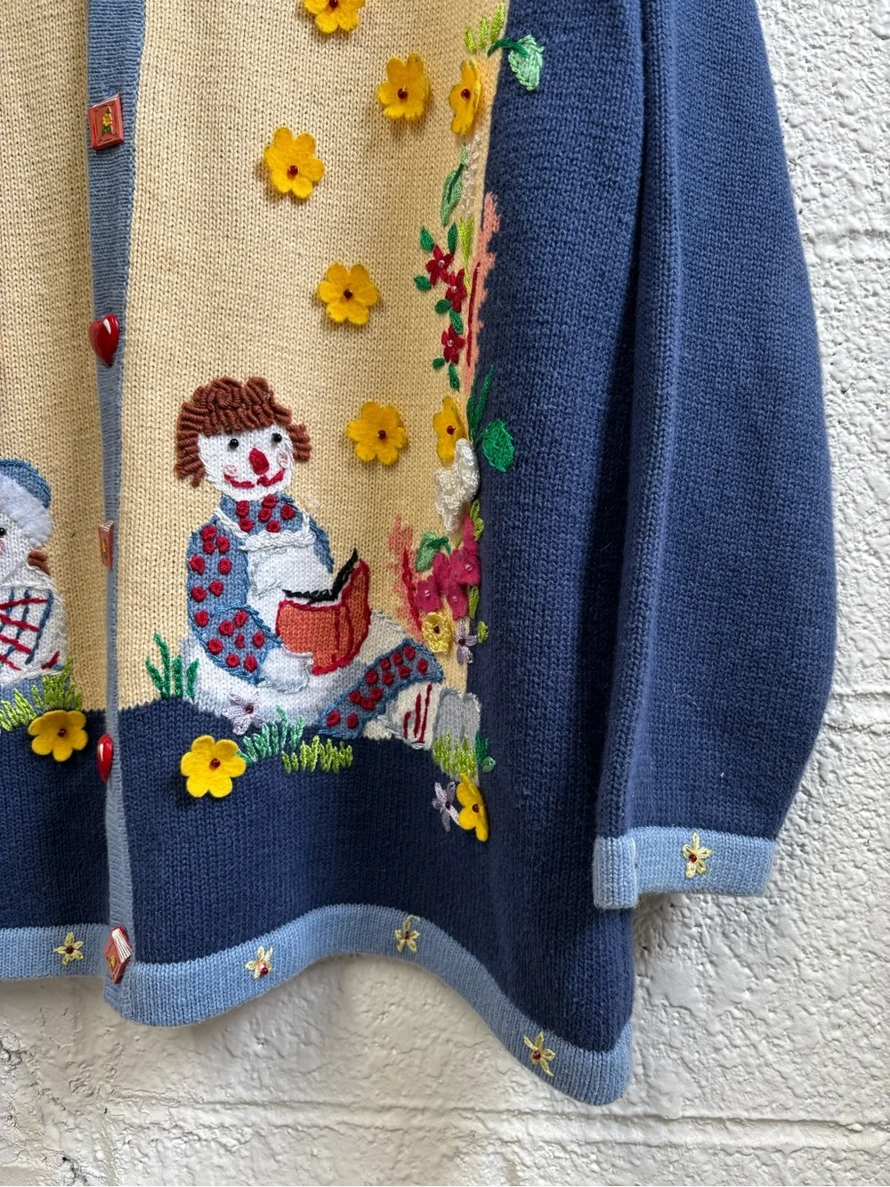 Vintage Storybook Knits Raggedy Anne Reading Embroidered Floral Cardigan